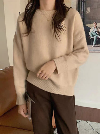 2024Solid Color Knitwear Pullover Women's Autumn and Winter New Soft Glutinous Loose Outer Wear Gentle Inner Bottoming Shirt