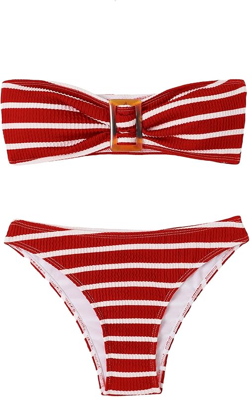 Women's 2 Piece Strapless Swimsuit Striped Bandeau High Waisted Thong Bikini Set Bathing Suit - Seldom Seen Styles