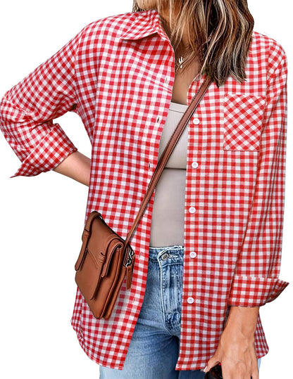 Fall Outfits Long Sleeve Plaid Shirt for Women Flannel Button Down Shirts Buffalo Shackets Business Casual Blouses