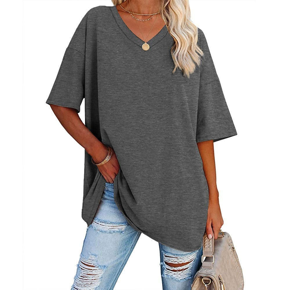 Women's Loose Fit V-Neck T-Shirt Short Sleeve Casual Summer Tops Solid Color Lightweight Breathable Cotton Blend Tee Shirt for Women - Seldom Seen Styles