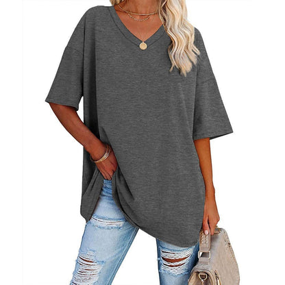 Women's Loose Fit V-Neck T-Shirt Short Sleeve Casual Summer Tops Solid Color Lightweight Breathable Cotton Blend Tee Shirt for Women