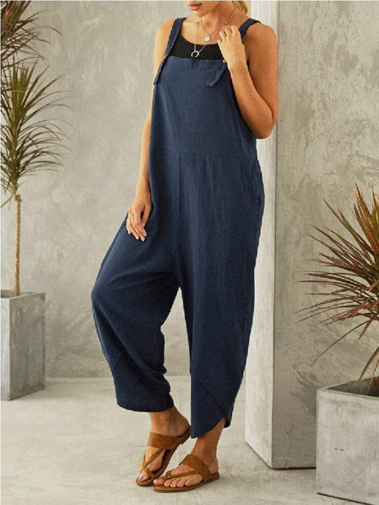 Women's Sleeveless Cotton Linen Overalls Rompers Baggy Wide Leg Jumpsuits - Seldom Seen Styles