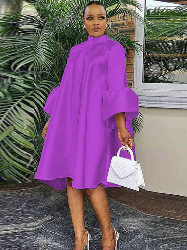 Urban Buttoned Solid Color Stand Collar Flared Sleeve Loose Midi Dress - Seldom Seen Styles