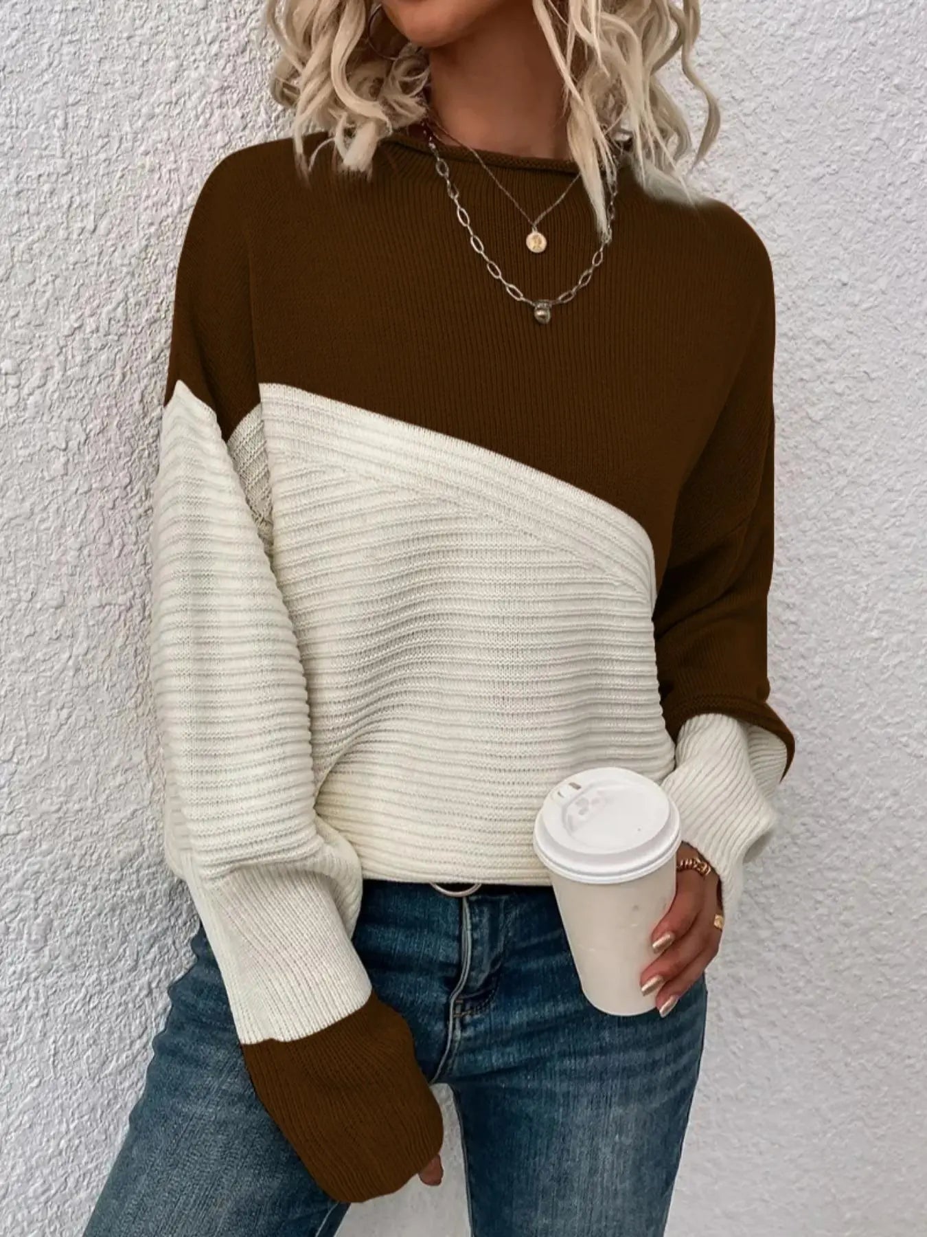 Women's Colorblock Drop Shoulder Sweater, Casual Long Sleeve Round Neck Jumper, Ladies' Knitwear for Everyday Wear, Sweaters for Women, Womenswear - Seldom Seen Styles