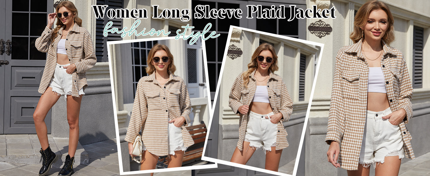 Plaid Jacket Women Casual Houndstooth Jacket Flannel Shacket Loose Long Sleeve Shirt Button Down Shacket with Pockets - Seldom Seen Styles