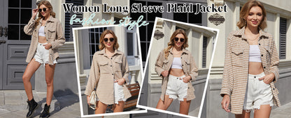 Plaid Jacket Women Casual Houndstooth Jacket Flannel Shacket Loose Long Sleeve Shirt Button Down Shacket with Pockets