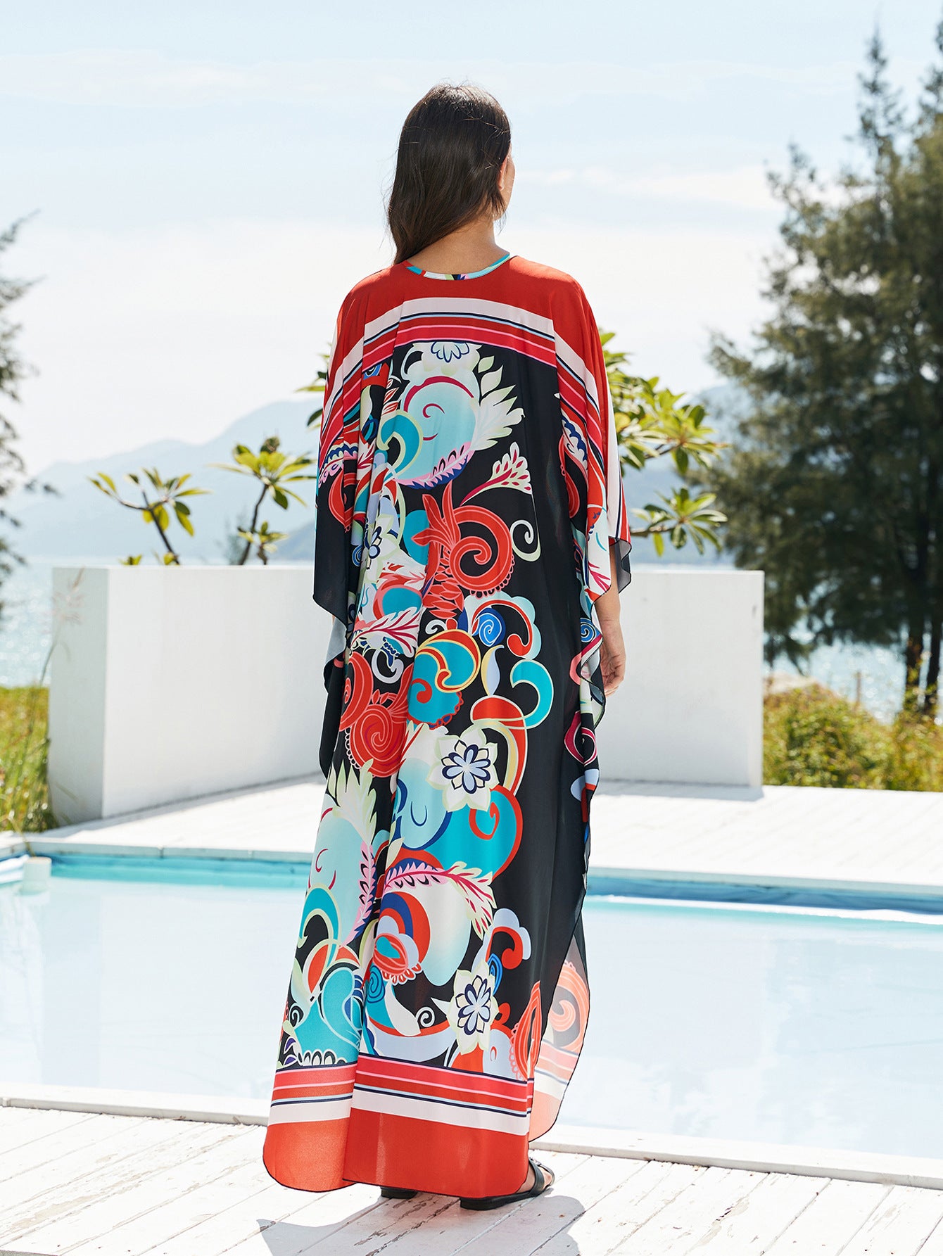 [Plus Size] Butterfly/feather Print Ruched Split Hem Tunic Dress, Valentine's Day Elegant Batwing Sleeve V Neck Long Dress for Summer, Casual Womenswear, Gift, Homecoming Dresses, Women's Clothes for Beach Holiday Vacation, Moo Moo Dresses