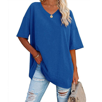 Women's Loose Fit V-Neck T-Shirt Short Sleeve Casual Summer Tops Solid Color Lightweight Breathable Cotton Blend Tee Shirt for Women