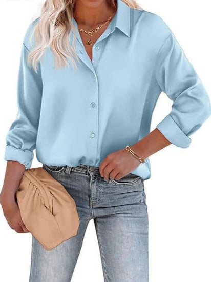 Women's Blouse Satin Shirts Button Down Shirts Casual Loose Long Sleeve Office Work Tunic Tops