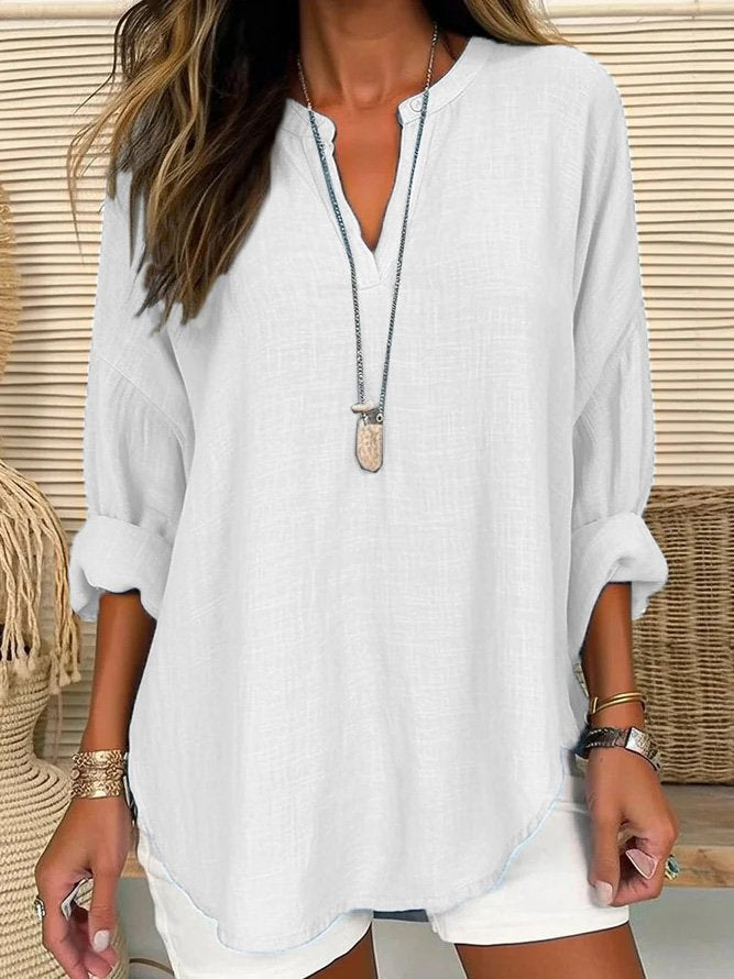 V Neck Long Sleeve Plain Regular Loose Shirt For Women - Seldom Seen Styles