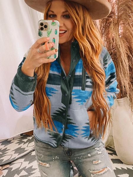 Women's Geometric Print Pocket Button Front Zipper Polar Fleece Spring Jacket, Casual Stand Collar Long Sleeve Coat for Fall & Winter, Women's Clothes for Daily Wear, Jackets & Coats, Fall Outfits, Fall Clothes, Preppy 80s Clothes - Seldom Seen Styles