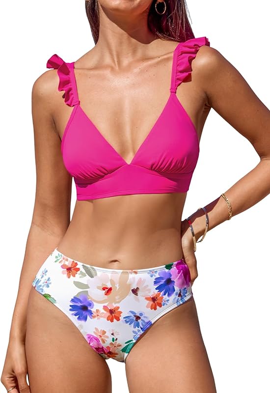 Women Bikini Sets 2 Piece Swimsuit High Waisted Bottom Floral Print Ruffle V Neck Bathing Suits - Seldom Seen Styles