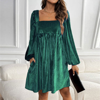 Velvet Square Collar Backless Dress 2024New Autumn  Winter