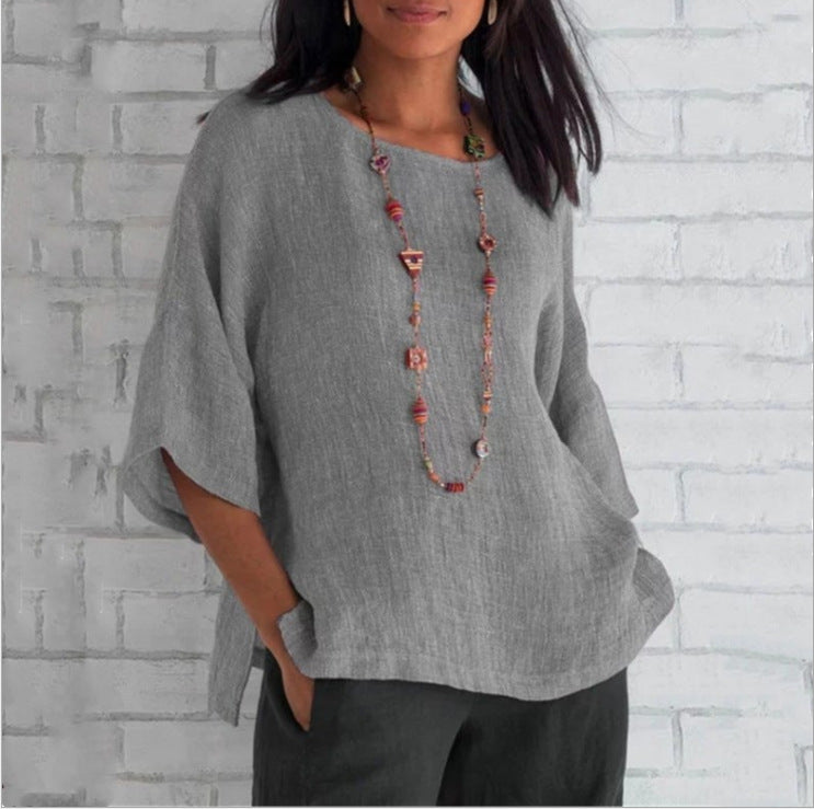 Womens Cotton Linen 3/4 Sleeve Casual Loose Top Crew Neck Shirt Spring Summer Oversized Solid Color Blouses for Women 2024 - Seldom Seen Styles