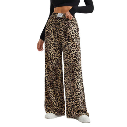 Damenhose mit Buchstaben-Leopardenmuster und geradem Bein, elastische Taille, Y2K-Hose, Unterteil mit Taschen