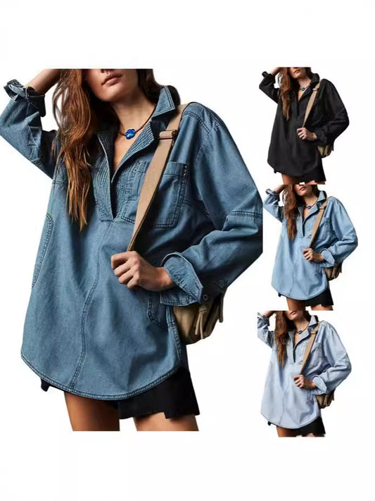 Womenswear Denim Pullover Casual Comfort Button V Neck Blouse Loose Fit Tops Longsleeves Jean Jacket With Pocket - Seldom Seen Styles