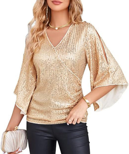 Womens Sequin Tops 3/4 Sleeve Glitter Sparkly Party Blouse V-Neck Dressy Tops for Evening Party