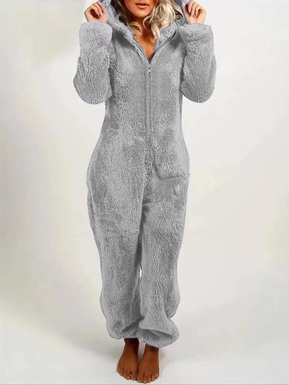 Women's Solid Zipper Hooded Plush Pajama Jumpsuit, Casual Long Sleeve Teddy Bear Ear Design Jumpsuit for Fall & Winter, Women's Sleepwear for Indoor Wear, Fluffy Lady Pajamas, Loungewear, Homewear, Pjs