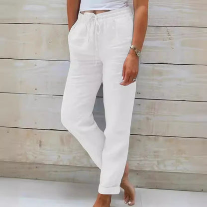 Pantalon fuselé pour femme en coton et lin avec cordon de serrage au dos et taille élastique, pantalon décontracté avec poches