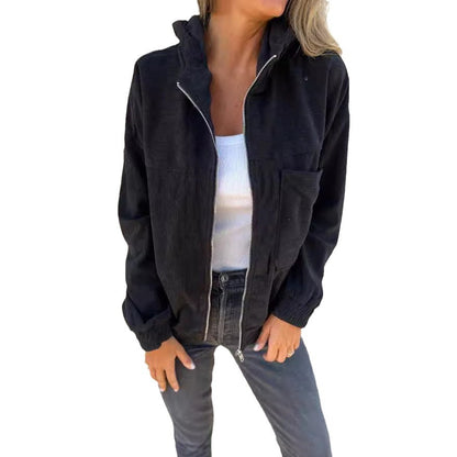 Kord-Kapuzenjacke mit Kordelzug und Reißverschluss, lockerer Shacket-Mantel