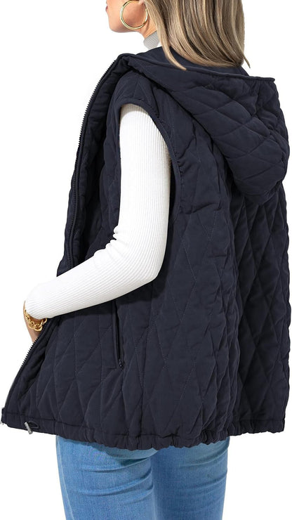 Women's Quilted Vest Casual Sleeveless Hooded Zip Up Diamond pattern Jacket With Pockets Winter Coat Outerwear Minimalist Top - Seldom Seen Styles