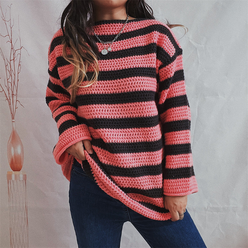 Europe and America Cross Border Amazon Autumn Winter Coat Loose off Shoulder Striped Long-Sleeved Knitted Pullover Casual Sweater for Women