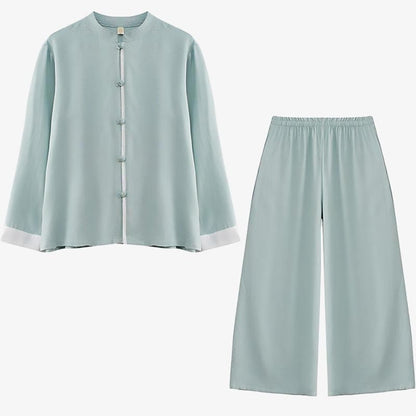 Buddha Stones 2Pcs Tang Suit Long Sleeve Shirt Top Pants Meditation Zen Tai Chi Cotton Linen Clothing Women's Set