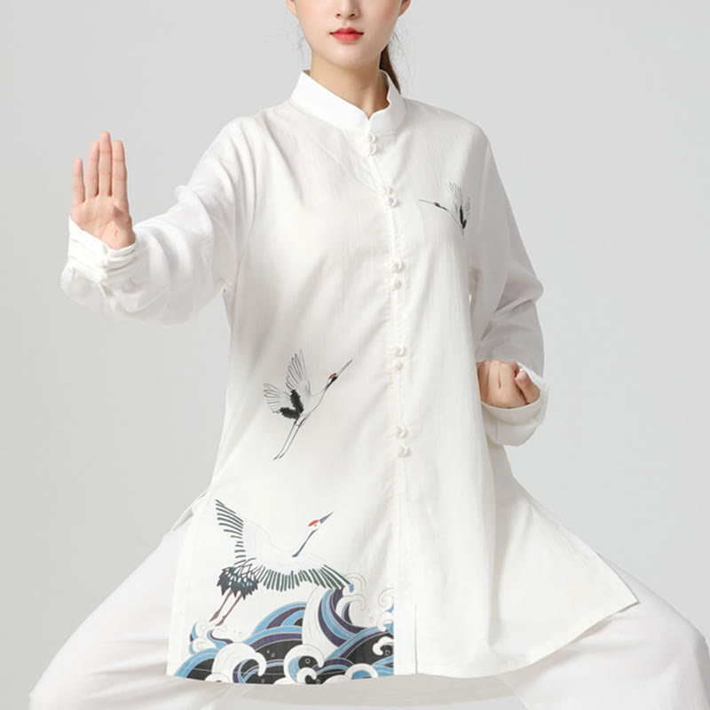 Buddha Stones White Crane Sea Cotton Linen Meditation Prayer Spiritual Zen Tai Chi Qigong Practice Clothing Set - Seldom Seen Styles