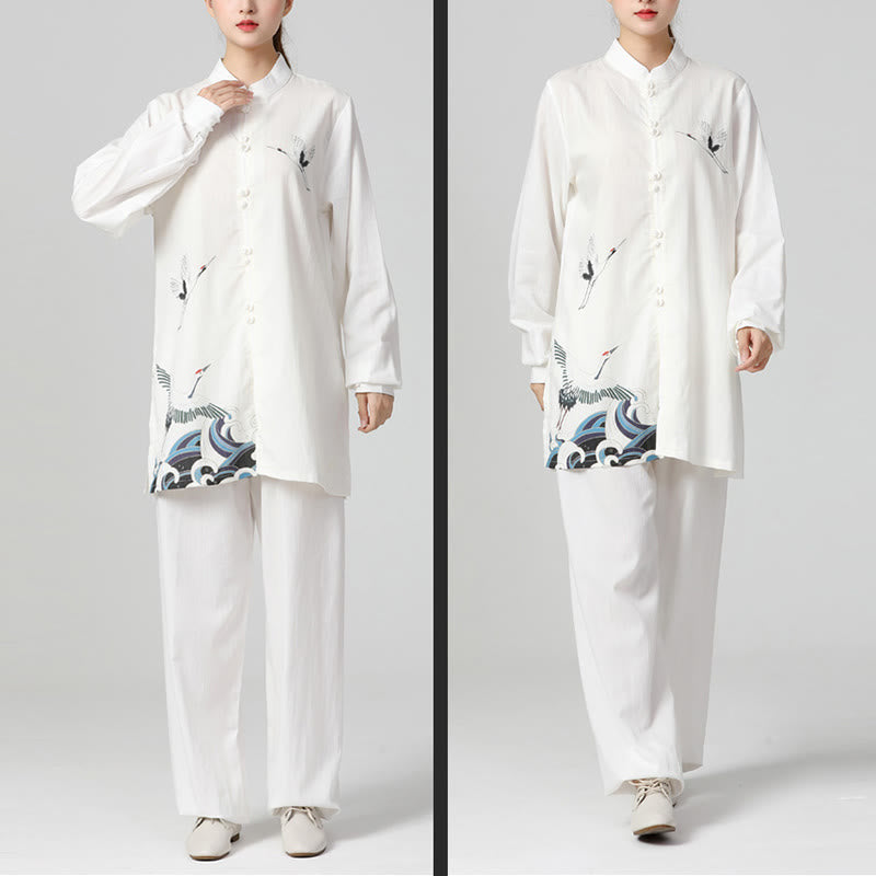 Buddha Stones White Crane Sea Cotton Linen Meditation Prayer Spiritual Zen Tai Chi Qigong Practice Clothing Set - Seldom Seen Styles