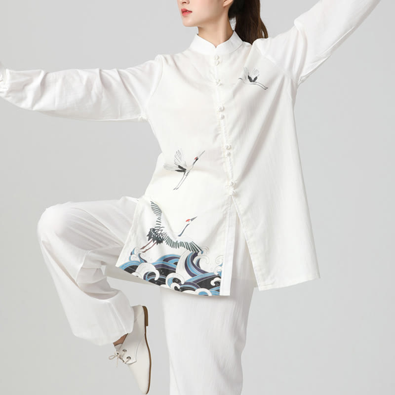 Buddha Stones White Crane Sea Cotton Linen Meditation Prayer Spiritual Zen Tai Chi Qigong Practice Clothing Set - Seldom Seen Styles