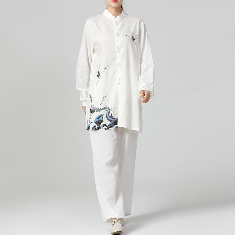 Buddha Stones White Crane Sea Cotton Linen Meditation Prayer Spiritual Zen Tai Chi Qigong Practice Clothing Set - Seldom Seen Styles