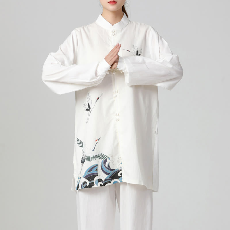 Buddha Stones White Crane Sea Cotton Linen Meditation Prayer Spiritual Zen Tai Chi Qigong Practice Clothing Set - Seldom Seen Styles