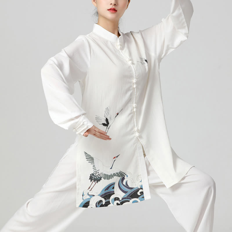 Buddha Stones White Crane Sea Cotton Linen Meditation Prayer Spiritual Zen Tai Chi Qigong Practice Clothing Set - Seldom Seen Styles