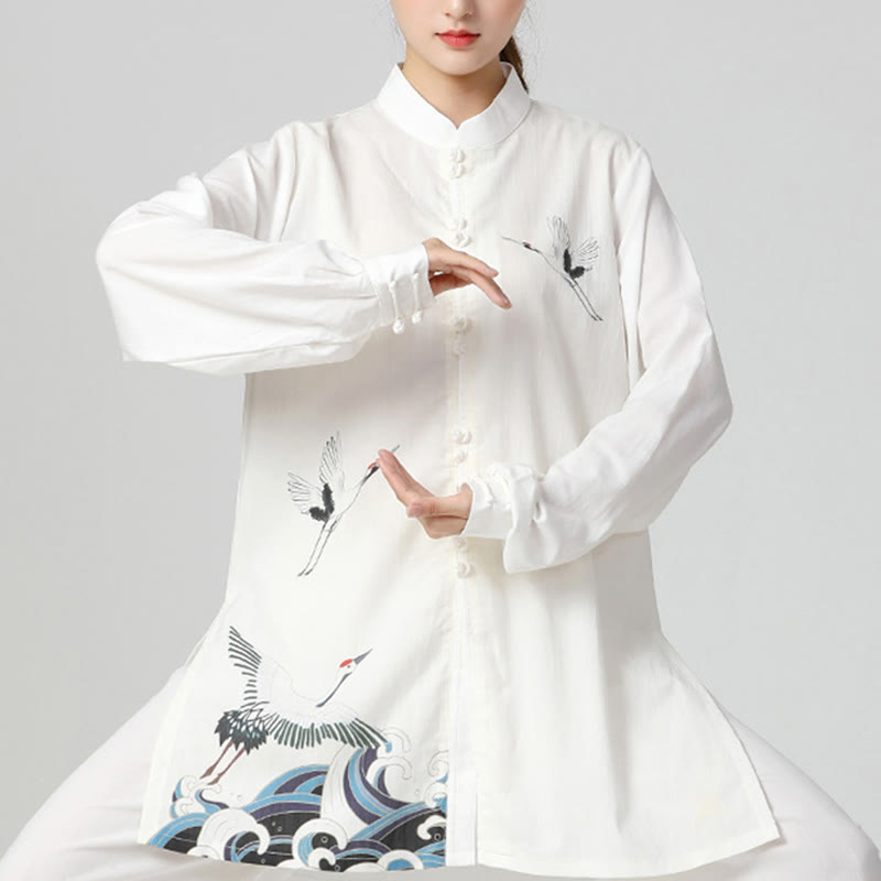 Buddha Stones White Crane Sea Cotton Linen Meditation Prayer Spiritual Zen Tai Chi Qigong Practice Clothing Set - Seldom Seen Styles