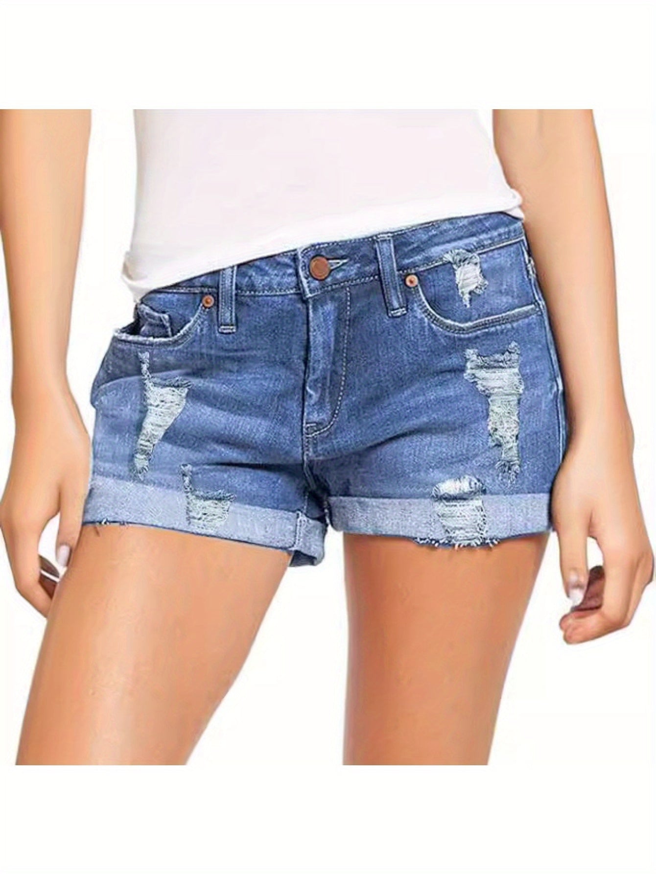 Womens High-Waisted Distressed Denim Shorts - Breathable, Slight Stretch, Solid Color, Machine Washable - Perfect for Spring and Summer Fashion