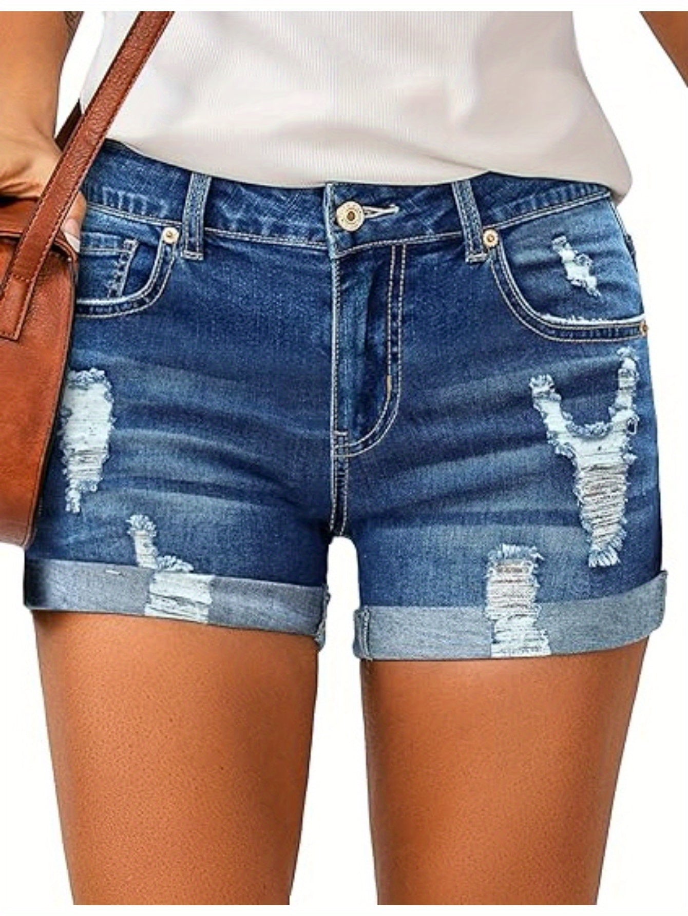 Womens High-Waisted Distressed Denim Shorts - Breathable, Slight Stretch, Solid Color, Machine Washable - Perfect for Spring and Summer Fashion