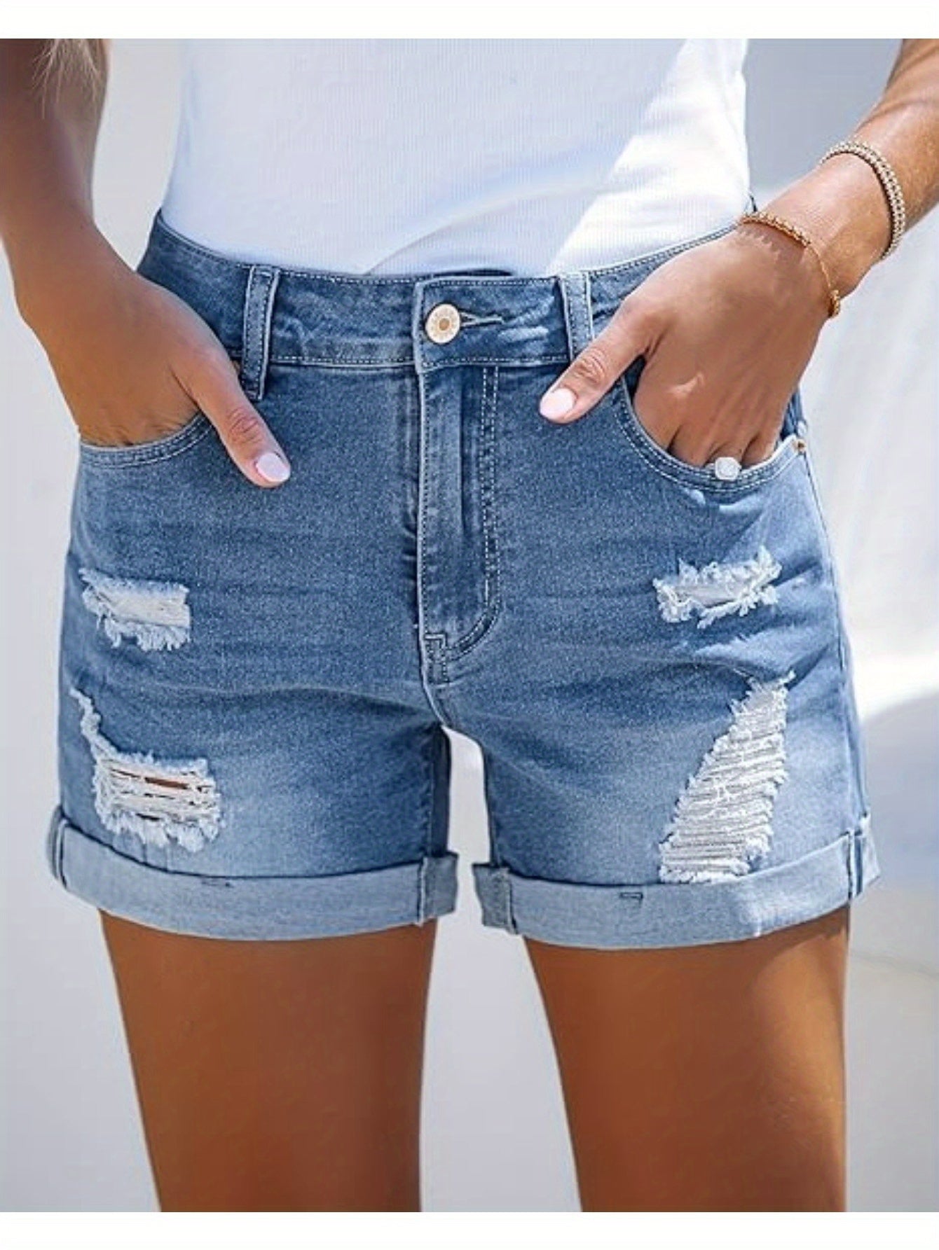 Womens High-Waisted Distressed Denim Shorts - Breathable, Slight Stretch, Solid Color, Machine Washable - Perfect for Spring and Summer Fashion