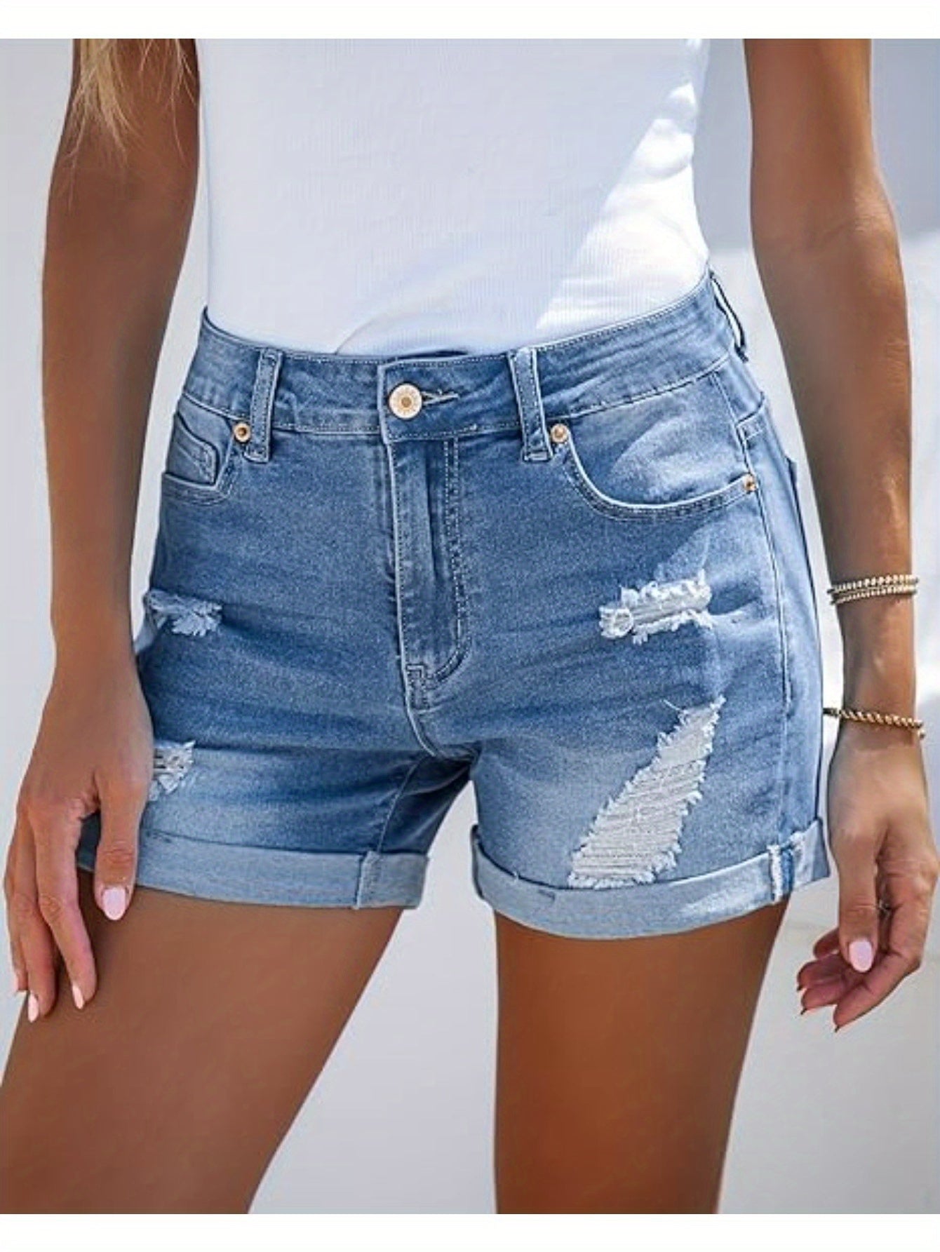 Womens High-Waisted Distressed Denim Shorts - Breathable, Slight Stretch, Solid Color, Machine Washable - Perfect for Spring and Summer Fashion