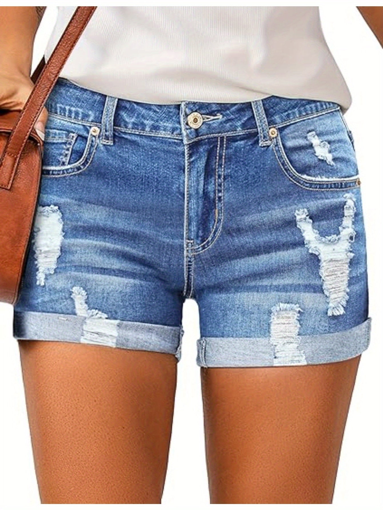 Womens High-Waisted Distressed Denim Shorts - Breathable, Slight Stretch, Solid Color, Machine Washable - Perfect for Spring and Summer Fashion