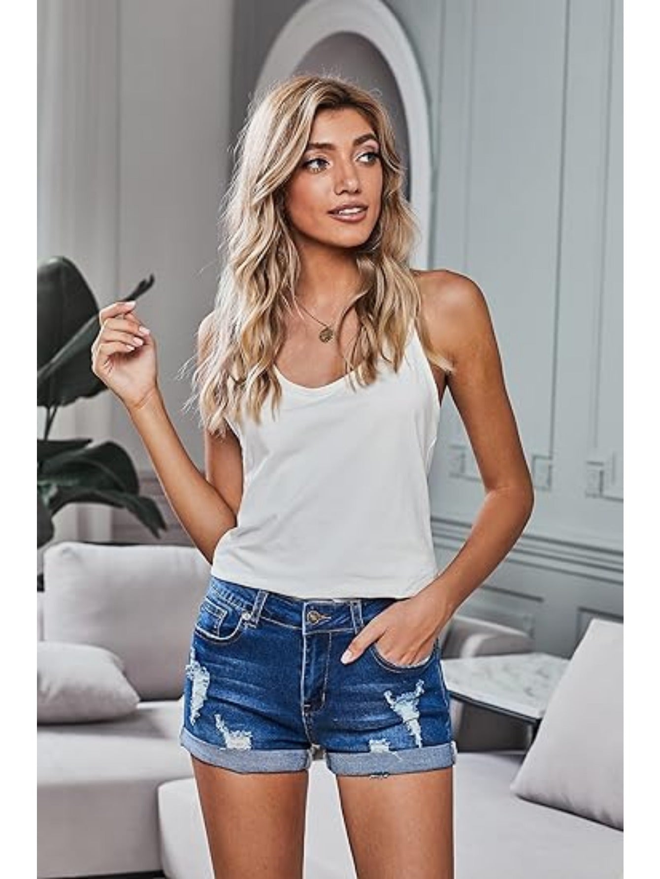 Womens High-Waisted Distressed Denim Shorts - Breathable, Slight Stretch, Solid Color, Machine Washable - Perfect for Spring and Summer Fashion