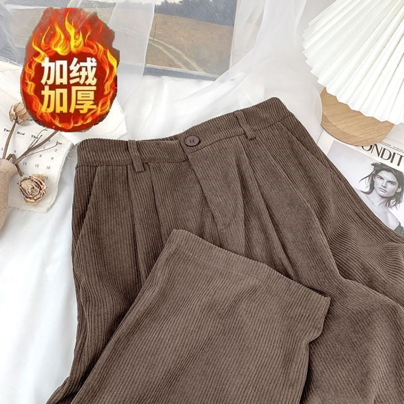 Corduroy Pants Wide Leg Women2023Autumn and Winter New High Waist Loose and Slimming Mopping Floor All-Matching Straight Casual Strip