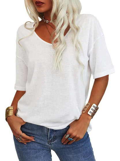 Womens Shirt, Normality Women's Solid Color V-Neck T-Shirt, Summer Short Sleeve Loose Casual Tops