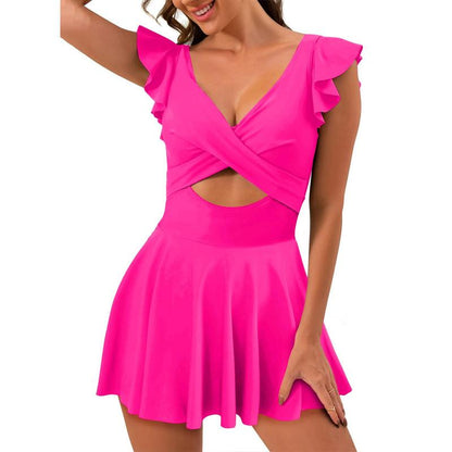 Women's One Piece Swimsuit Ruffle Cutout Swimdress Tummy Control V Neck Wrap Swimwear - Seldom Seen Styles