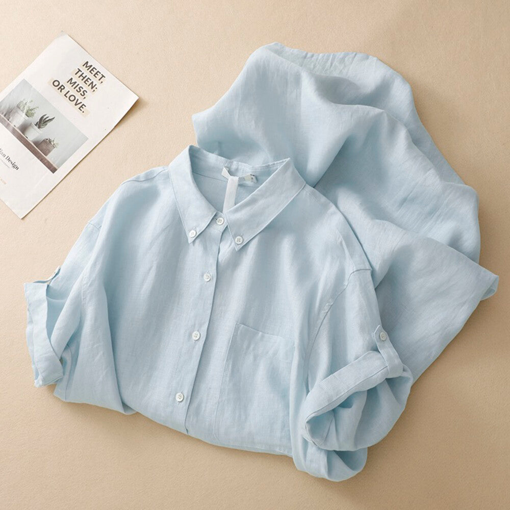 Light Blue Linen Short Sleeve Button Down Shirt Dress Collared Loose Fit Casual Midi Dress - Seldom Seen Styles