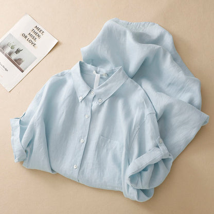 Light Blue Linen Short Sleeve Button Down Shirt Dress Collared Loose Fit Casual Midi Dress