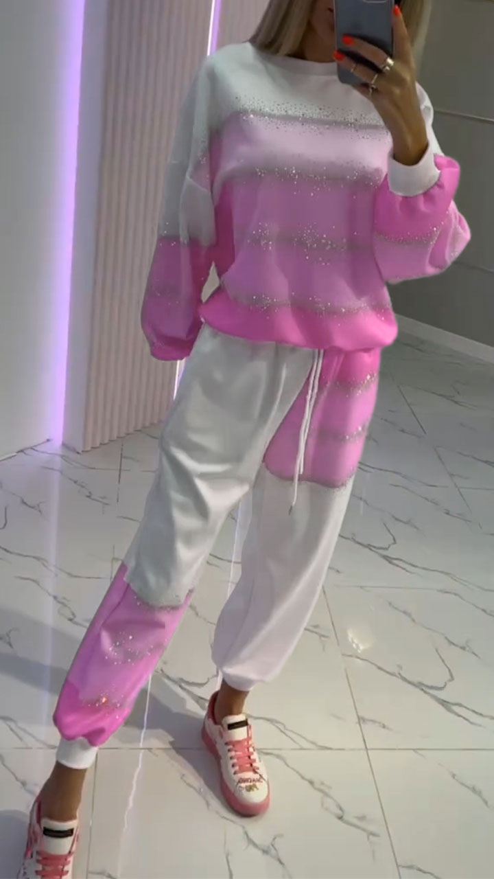 Women's Round Neck Contrast Color Hot Diamond Fashion Suit - Seldom Seen Styles