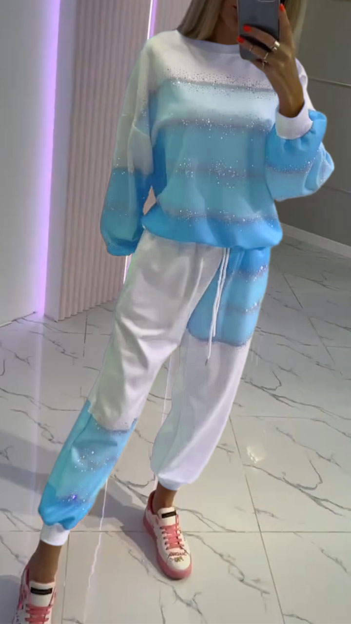 Women's Round Neck Contrast Color Hot Diamond Fashion Suit - Seldom Seen Styles