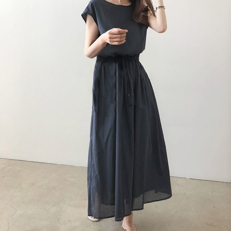 Buddha Stones Casual Eastic Waist Drawstring Design Short Sleeve Cotton Linen Midi Dress - Seldom Seen Styles