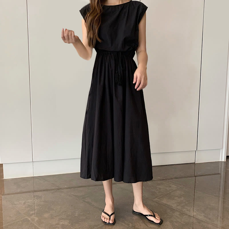 Buddha Stones Casual Eastic Waist Drawstring Design Short Sleeve Cotton Linen Midi Dress - Seldom Seen Styles