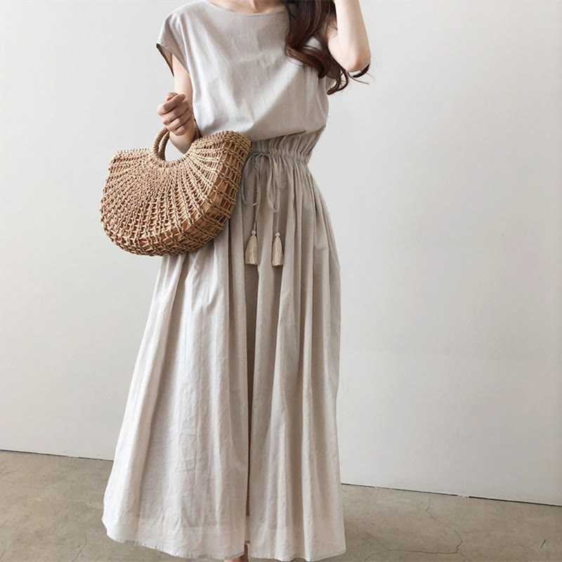 Buddha Stones Casual Eastic Waist Drawstring Design Short Sleeve Cotton Linen Midi Dress - Seldom Seen Styles
